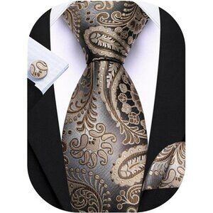 Mens Paisley Tie Set with Pocket Square Cufflinks Formal Wedding Business